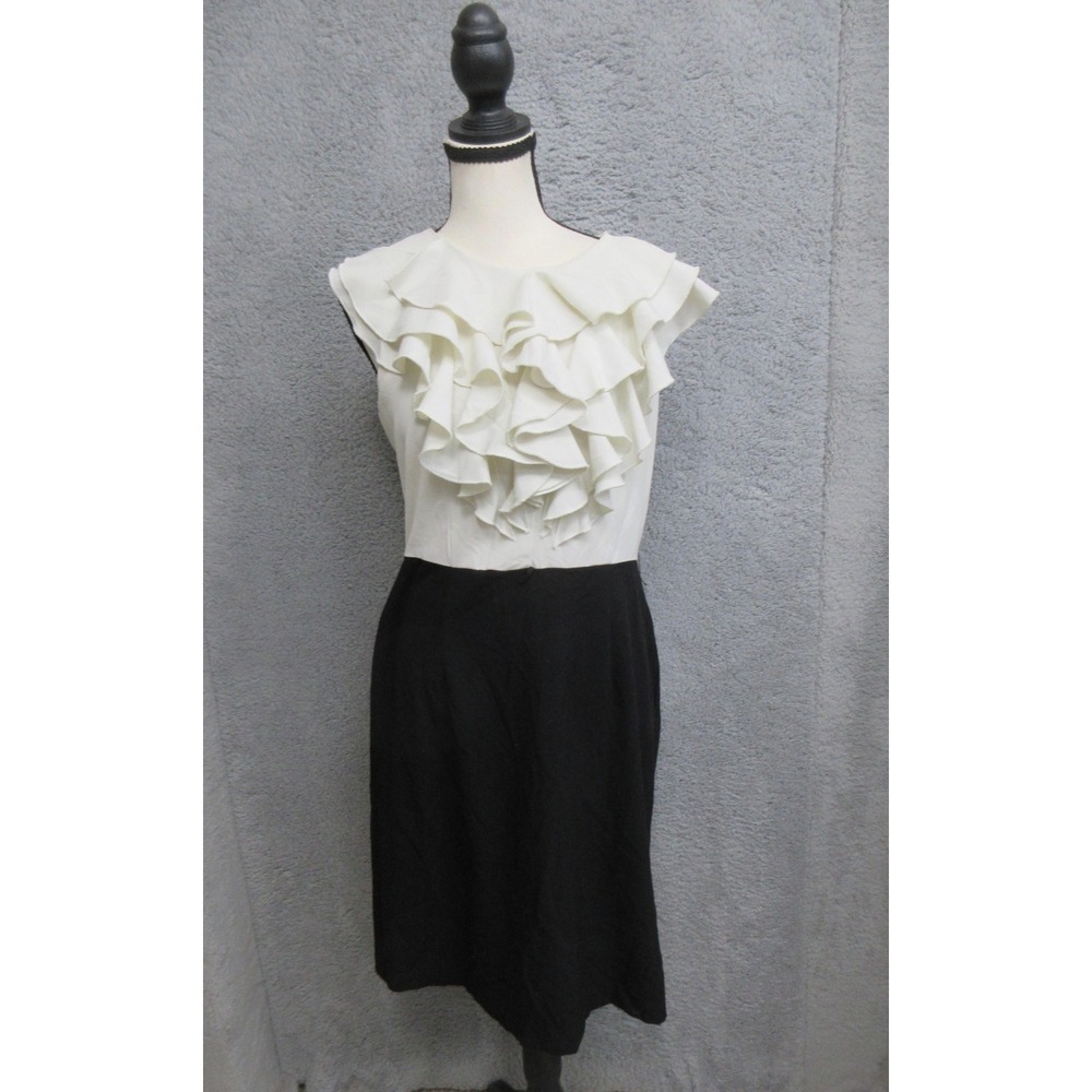 Black White Ruffle Bib Sheath Dress Womens 6 Coquette Career Cocktail Formal